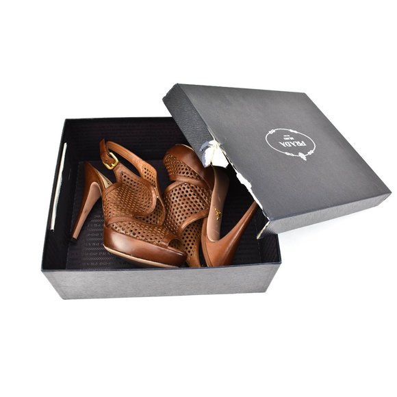 PRADA: Brown, Laser-Cut Leather Platform Sandals - Picture 10 of 10